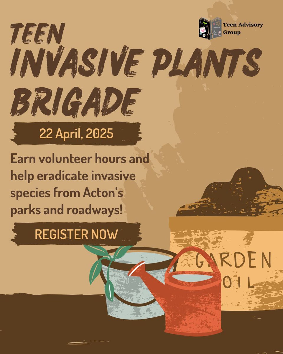 ActonMemLibrary's tweet photo. Teens, do you need volunteer hours before the school year is done? Come work with the Acton Conservation Division on April 22 to remove invasive plants from our parks around town. #AML #ActonMA #LibraryEvents #Sustainability https://t.co/pqQxYnerZU