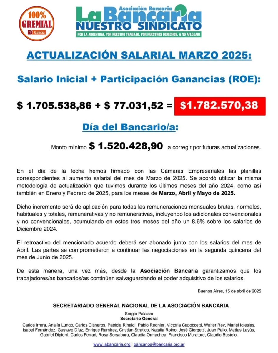 ➡️ Aumento Paritario Marzo 📈
➡️ Salario inicial + Participación Ganancias (Roe) 📃
➡️ Actualizacion día del Bancario 📈