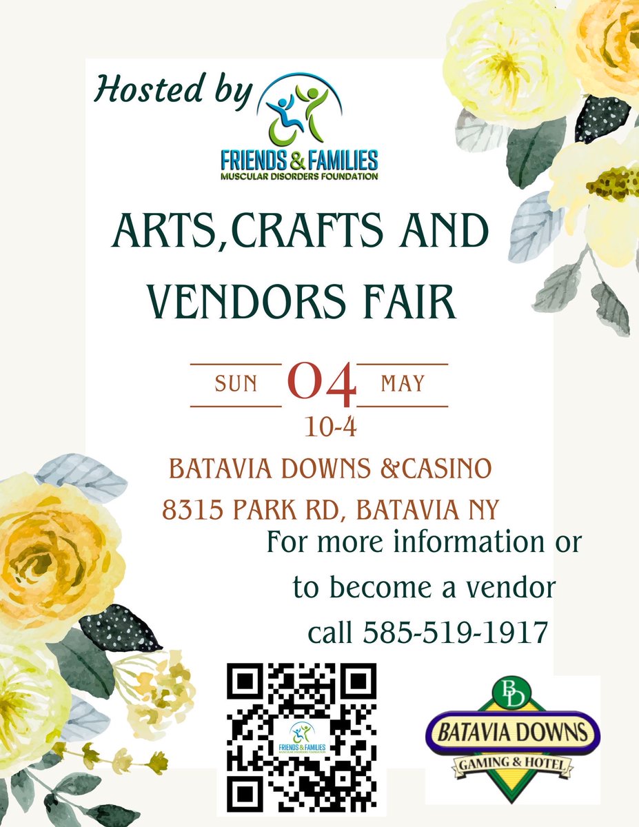 BataviaDowns's tweet image. Another splendid Sunday #VendorFair is coming up on May 4 from 10 am to 4 pm! 🌼 Hosted by Friends &amp;amp; Families Muscular Disorders Foundation. Don't miss out!

For more information or to become a vendor, call 585-519-1917. friendsnfamiliesmdf.org
