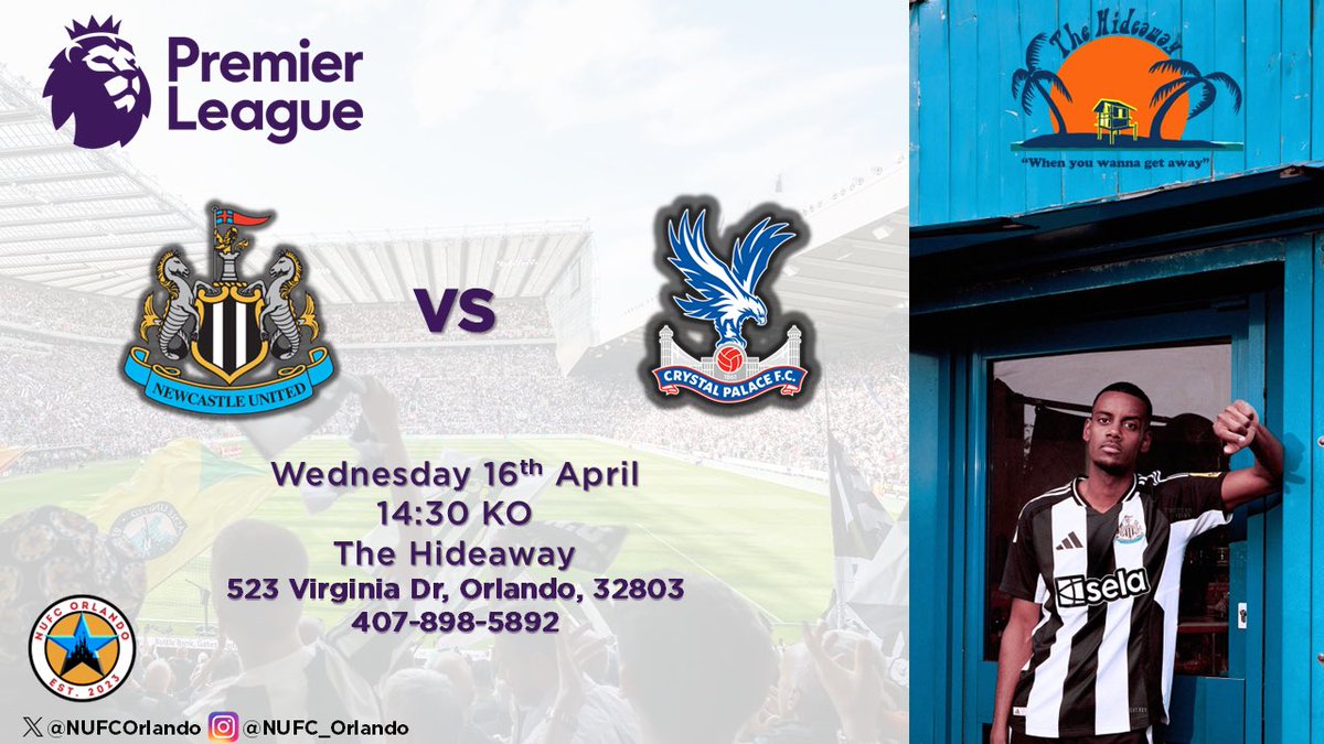 NUFCOrlando's tweet photo. Second of three big games this week. A win to follow up a win please!
Join the @NUFC fans based in Orlando. New & visiting fans welcomed!
๐๏ธ April 16
๐ 2:30pm
๐ Hideaway Bar
๐ Crystal Palace
#hwtl #toonarmy #NEWPAL #PLinUSA #MyPLMorning #eddiehowe https://t.co/hCd6JMmf1F