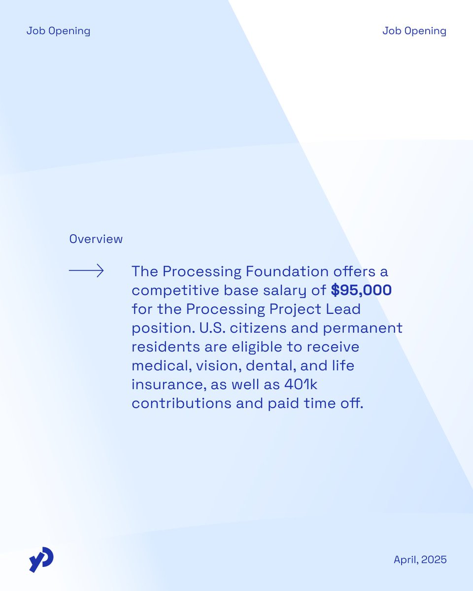 ProcessingOrg's tweet image. Job Alert 💙 We are seeking a @processingCore Project Lead to maintain the growth of #Processingorg! Ideal candidates care deeply about broadening access to #codeEducation, are willing to learn new skills, and co-envision the future of Processing 🔗 Apply: forms.gle/M9BGNxJGN7hWzb…