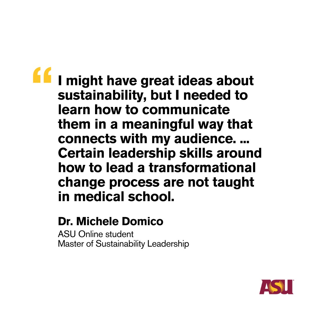 Dr. Michele Domico, an ASU Online student, is tackling health care waste. As co-chair of a national task force, she's helping hospitals reduce emissions without compromising care — learn more about her story: ow.ly/EBc650VAwC4