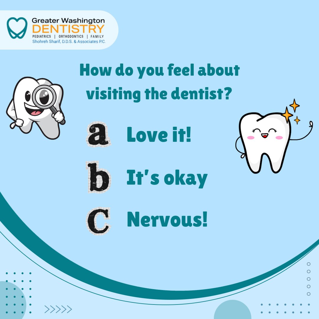 GWDentistry's tweet photo. How do you feel about visiting the dentist? A) Love it! B) It’s okay. C) Nervous! Let us know in the comments! 👇 #YourOpinionMatters #DentalCare https://t.co/0JaqPsIpY7