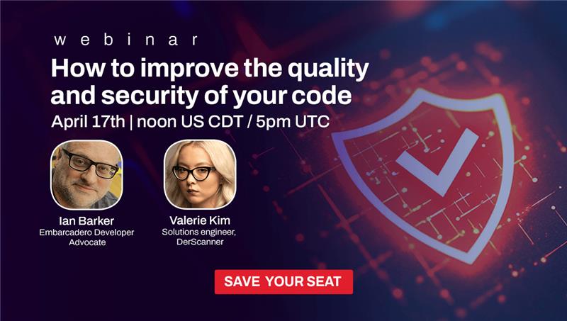 EmbarcaderoTech's tweet image. Join Embarcadero&apos;s Ian Barker and Valerie Kim, Solutions Engineer at DerScanner, as they show how #DerScanner improves #CodeQuality and finds #security flaws—now with new rules for #Delphi &amp;amp; JS/TS. 

📅 April 17th | Noon CST | 5 PM UTC
🔗 Save your seat: tinyurl.com/yeud6rdu