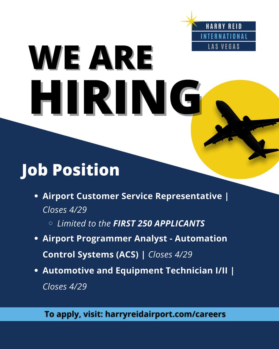 ✈️Now hiring at LAS Airport! New job opportunities just dropped. Check them out and apply today at harryreidairport.com/careers.