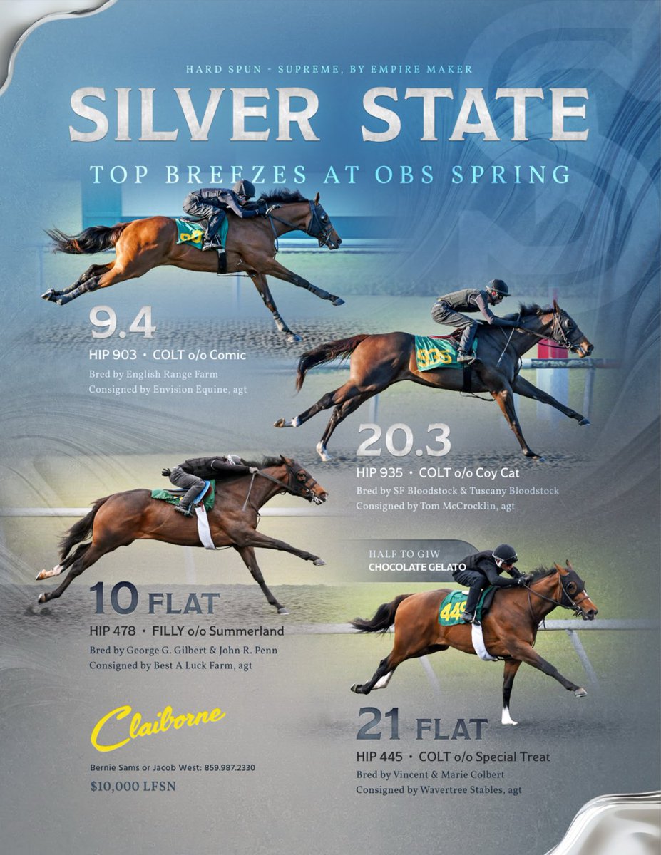 theTDN's tweet photo. SILVER STATE ⭐️ @claibornefarm 

Top breezes at #OBSSpring 💨 

Selling now in Ocala… https://t.co/dMsG9Gz2tI
