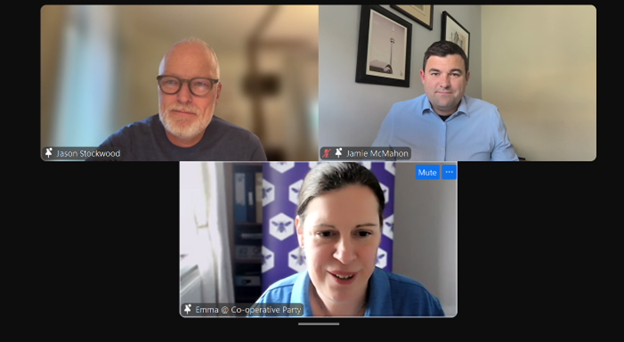 JamieSMcMahon's tweet photo. An honour to chair tonight's call with Jason Stockwood for Co-op Party members.

Jason spoke about the role of co-operation in business and the urgent and radical action of the government to save Scunthorpe steelworks. Fantastic he's flying both the @UKLabour &amp; @CoopParty flags. https://t.co/geeCnaNsNj