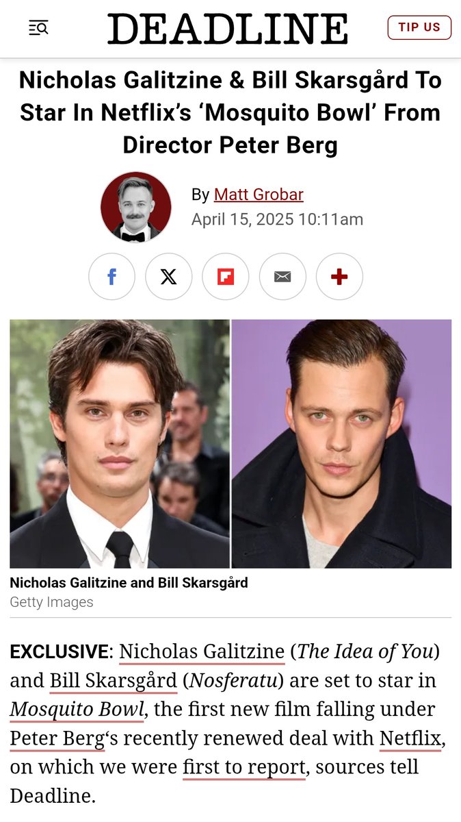 Nicholas Galitzine e Bill Skarsgård vão estrelar The Mosquito Bowl, filme sobre um jogo real entre fuzileiros na Segunda Guerra. Dirigido por Peter Berg, estreia em 2026.