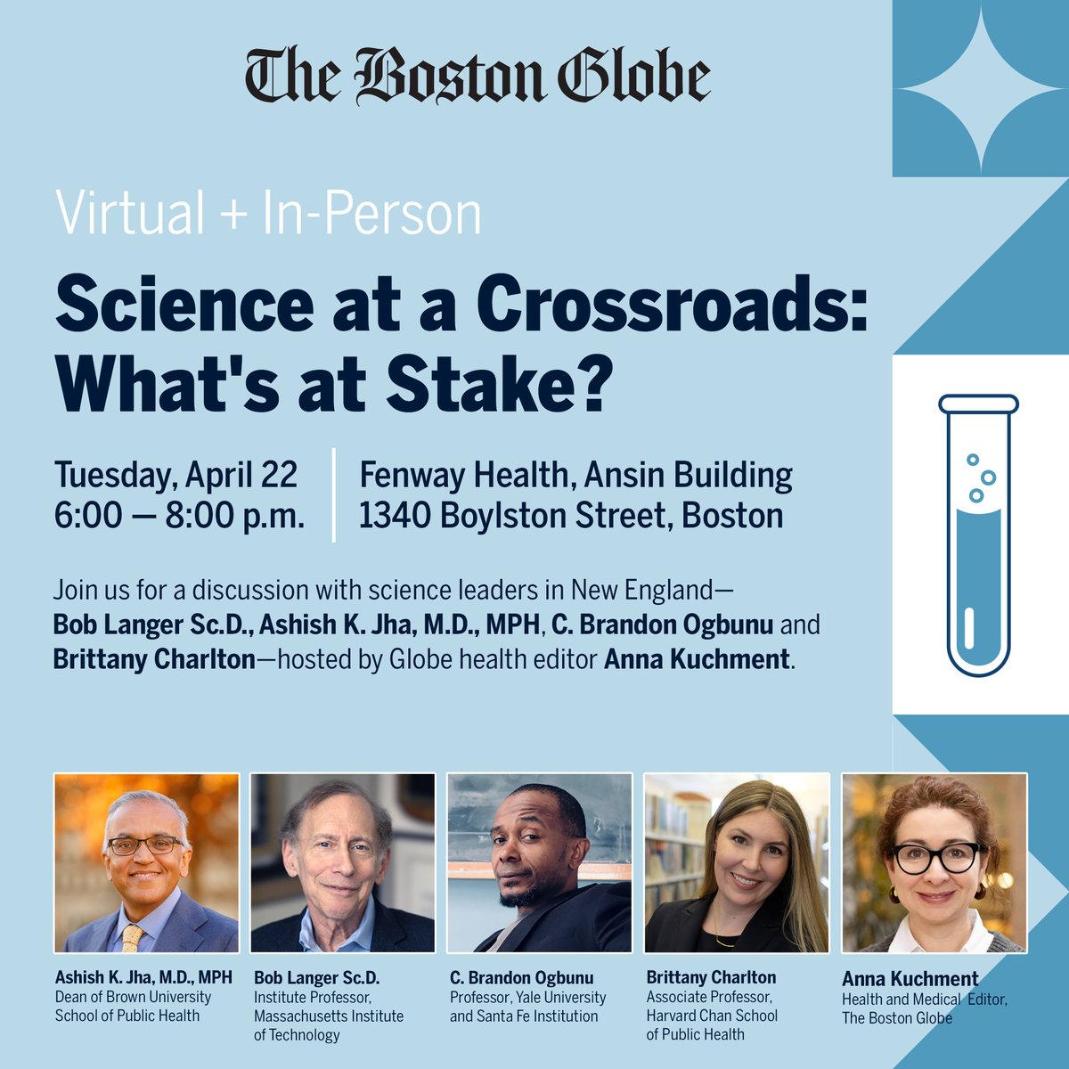 globeevents's tweet photo. Join us in person or virtually for a timely conversation with New England science leaders on what’s at stake for science &amp; federal funding under the new Trump administration!

Tuesday, April 22 | 6:00 – 8:00 p.m.
Fenway Health, Ansin Building
1340 Boylston Street, Boston https://t.co/g6hjWWRYVu