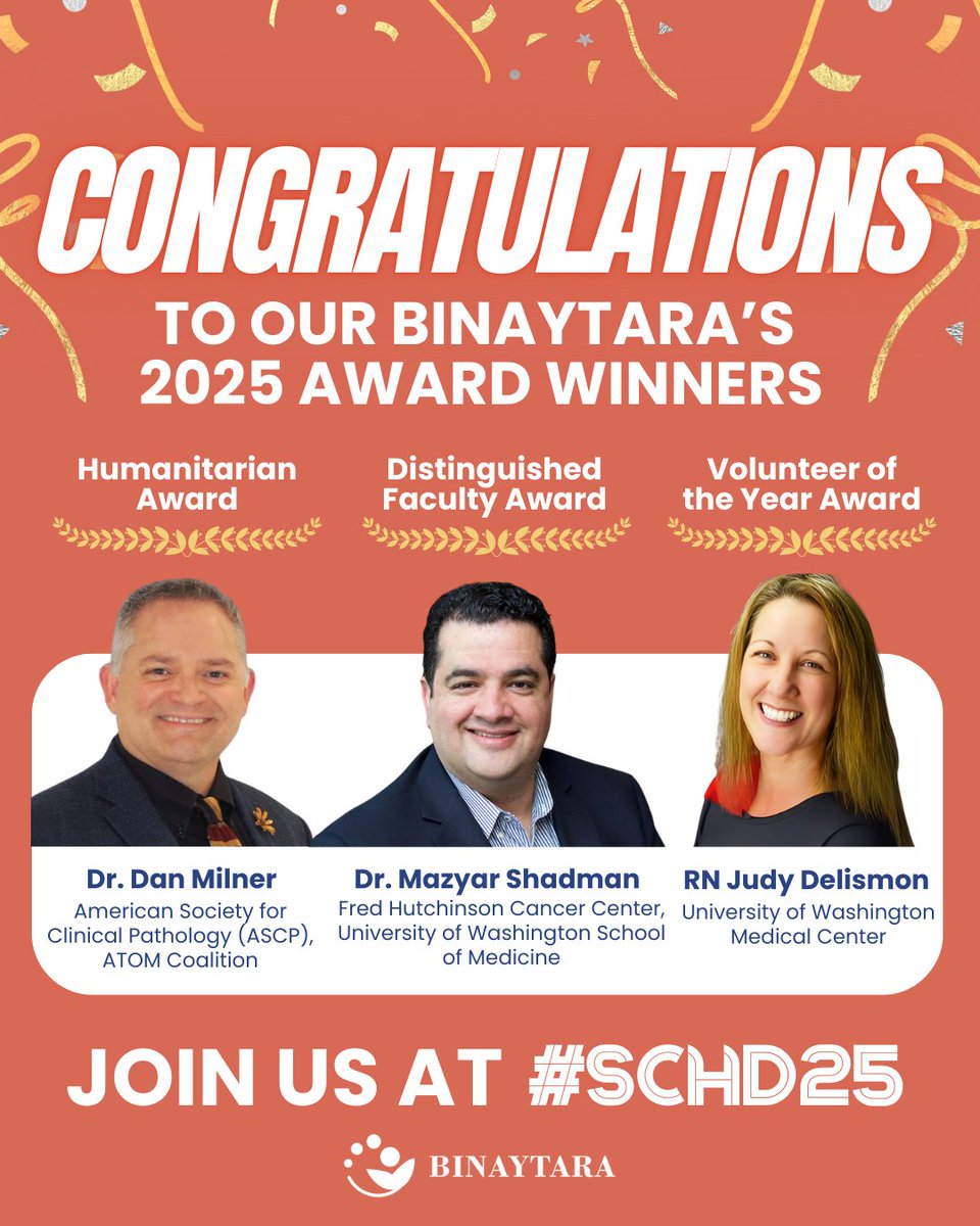 Binaytara (@binaytara) on Twitter photo 🎉Congratulations to all the winners of the 2025 #Binaytara Award! <a href="/damilnermd/">Dan Milner, MD. MSc(Epi), MBA</a>, <a href="/mshadman/">Mazyar Shadman, MD MPH</a>, and Judy Delismon will be recognized at our upcoming Summit on Cancer Health Disparities in Seattle on Apr 25-27! 🎊Join us at #SCHD25: buff.ly/ZBoYivM Click here to learn about 🎉Congratulations to all the winners of the 2025 #Binaytara Award! <a href="/damilnermd/">Dan Milner, MD. MSc(Epi), MBA</a>, <a href="/mshadman/">Mazyar Shadman, MD MPH</a>, and Judy Delismon will be recognized at our upcoming Summit on Cancer Health Disparities in Seattle on Apr 25-27! 🎊Join us at #SCHD25: buff.ly/ZBoYivM Click here to learn about