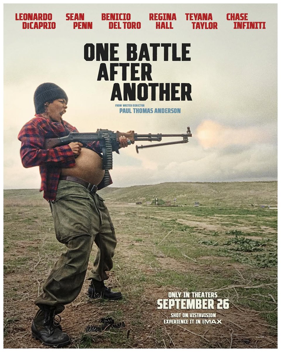 IndieWire's tweet photo. Here are the first posters for Paul Thomas Anderson's "One Battle After Another," in theaters September 26. Watch the trailer: https://t.co/qRTPic058K https://t.co/1XtSfynK4A