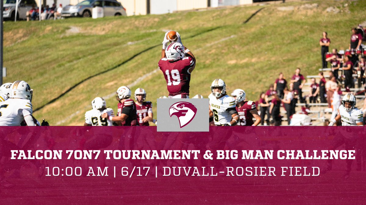 Fairmont State Football (@fairmontstatefb) on Twitter photo 🚨Our 7on7 Tournament and Big Man Challenge is live!🚨 Come compete!
Click the link to register!
#SOAR 
falconfootball.totalcamps.com/About%20Us 🚨Our 7on7 Tournament and Big Man Challenge is live!🚨 Come compete!
Click the link to register!
#SOAR 
falconfootball.totalcamps.com/About%20Us