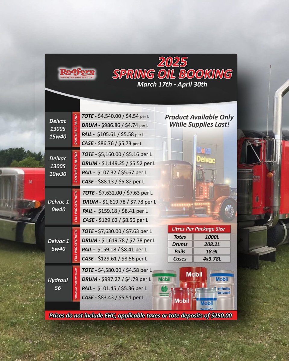 Our Spring Oil Sale is on NOW! 🚨

Now’s the time to stock up and save on high-quality Mobil oil for your operation! Prices are locked in while supplies last.

Hurry on over to your local Redfern location because this sale ends April 30th! 

#oilsale #mobil #redern #manitobaag