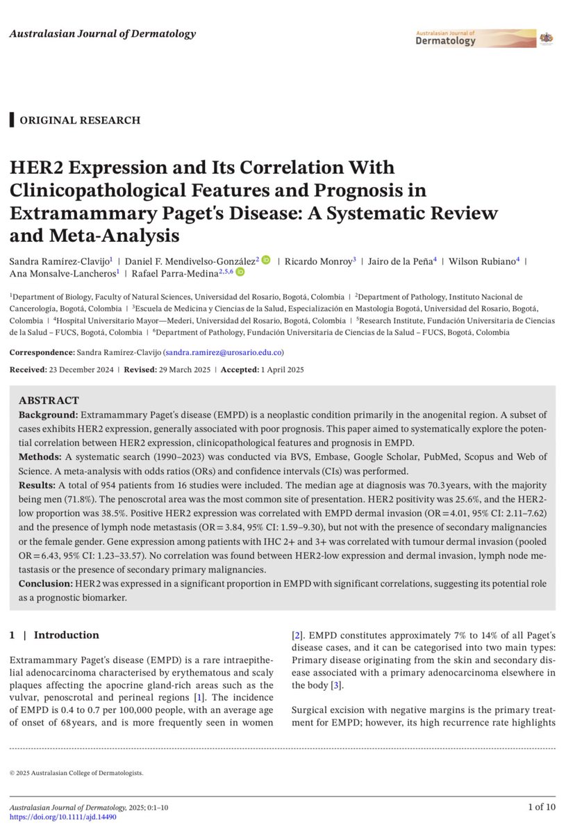 HER2 Expression and Its Correlation With Clinicopathological Features and Prognosis in Extramammary Paget's Disease: A Systematic Review and Meta‐Analysis - Ramírez‐Clavijo - Australasian Journal of Dermatology - Wiley Online Library onlinelibrary.wiley.com/doi/10.1111/aj…  #her2 #paget
