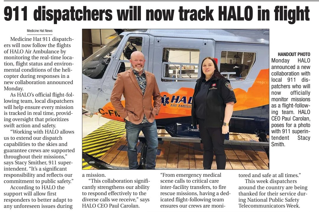 “This collaboration significantly strengthens our ability to respond effectively to the diverse calls we receive,” says HALO CEO Paul Carolan. 

Read the full story here --> medicinehatnews.com/news/local-new…

#inflightforyourlife #medhat #lethbridge #southernalberta #HEMS #911dispatch
