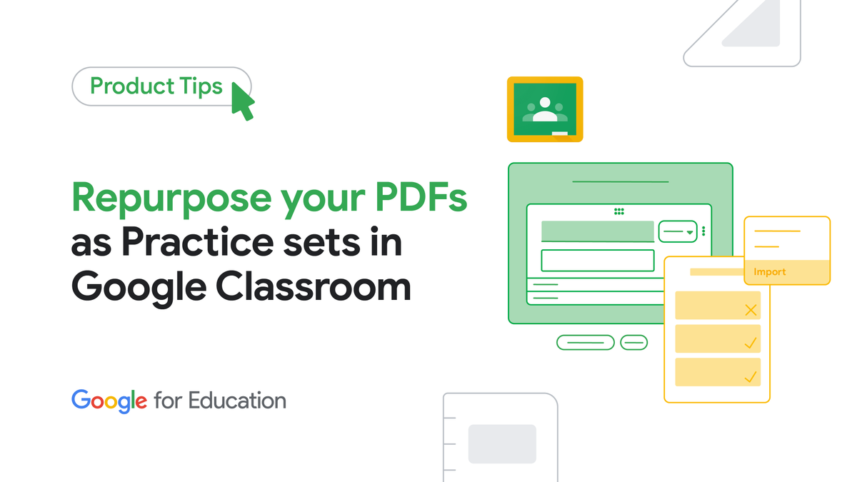 GoogleForEdu's tweet image. Say goodbye to retyping questions! 👋
Learn how you can save time by converting PDFs or #GoogleForms into Practice sets within #GoogleClassroom -> goo.gle/4iljfPI