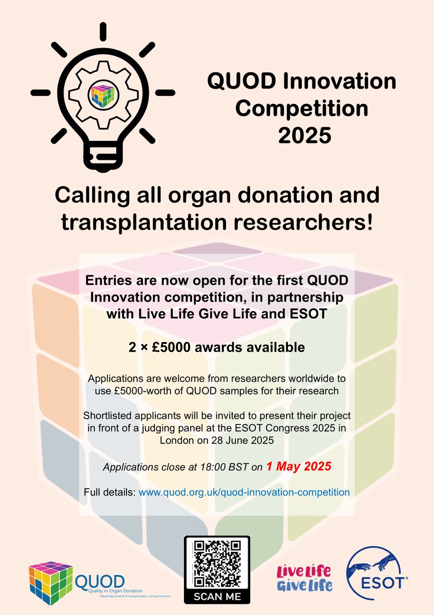 QUOD - Quality in Organ Donation (@inquod) on Twitter photo 📢 DEADLINE EXTENDED TO 1 MAY 2025
We are excited to announce that we have decided to extend the deadline for the QUOD Innovation competition by 2 weeks.
<a href="/LLTGL/">Live Life Give Life</a> <a href="/ESOTtransplant/">ESOTtransplant</a> <a href="/NDSurgicalSci/">Nuffield Department of Surgical Sciences</a> <a href="/UniofOxford/">University of Oxford</a>
Full details here: lnkd.in/eNTj3ahc 📢 DEADLINE EXTENDED TO 1 MAY 2025
We are excited to announce that we have decided to extend the deadline for the QUOD Innovation competition by 2 weeks.
<a href="/LLTGL/">Live Life Give Life</a> <a href="/ESOTtransplant/">ESOTtransplant</a> <a href="/NDSurgicalSci/">Nuffield Department of Surgical Sciences</a> <a href="/UniofOxford/">University of Oxford</a>
Full details here: lnkd.in/eNTj3ahc