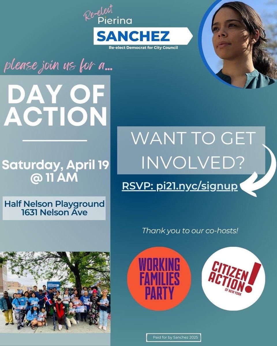 NY Working Families Party (@nywfp) on Twitter photo Join us this Saturday, 4/19, for a day of action working to re-elect <a href="/PiSanchezNYC/">Pierina Sanchez NYC</a>! Now more than ever, we need leaders like Council Member Sanchez to stand up for New York's communities and working families.
Let's get it done! Sign up ➡️ Pi21.nyc/signup Join us this Saturday, 4/19, for a day of action working to re-elect <a href="/PiSanchezNYC/">Pierina Sanchez NYC</a>! Now more than ever, we need leaders like Council Member Sanchez to stand up for New York's communities and working families.
Let's get it done! Sign up ➡️ Pi21.nyc/signup