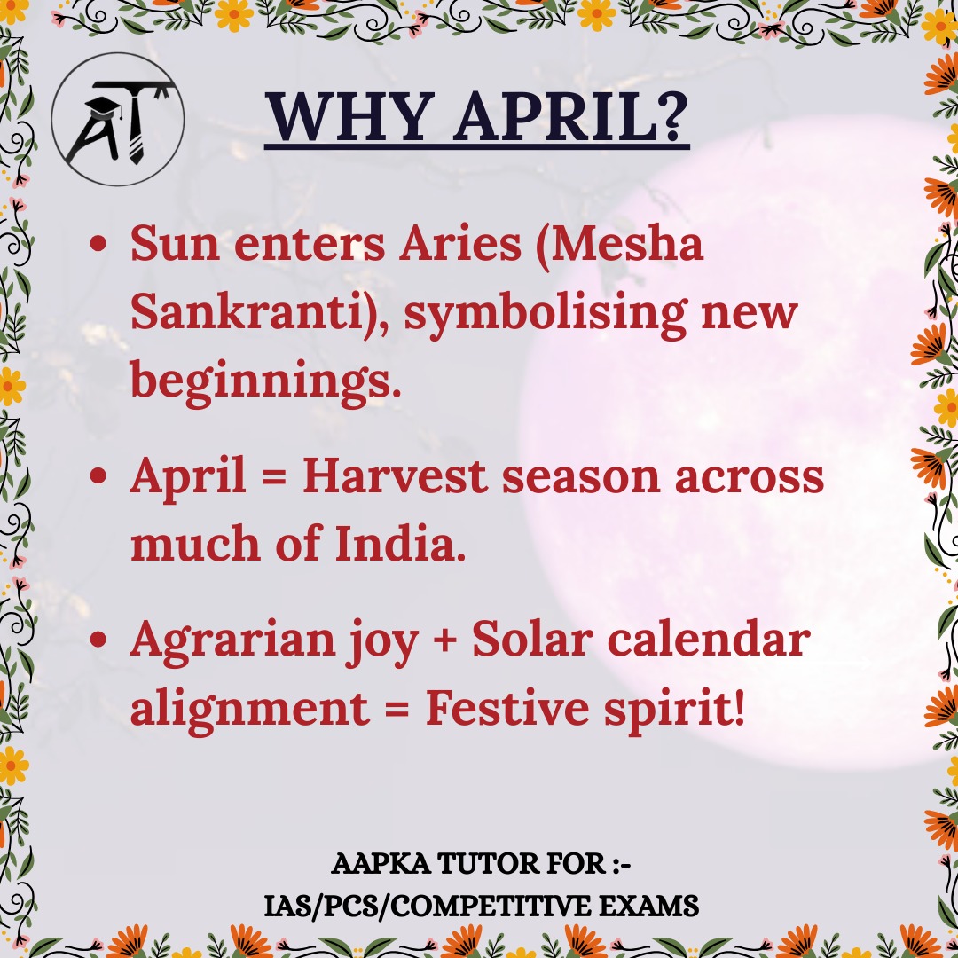 TutorAapka's tweet photo. Mid-April marks a unique period in India when diverse communities across the country welcome their New Year.
These festivals Baisakhi, Vishu, Bihu, Poila Boishakh, and Puthandu share common threads yet celebrate distinct cultural identities.
#upsc #upscprepartion #ias https://t.co/yw010DqWWz