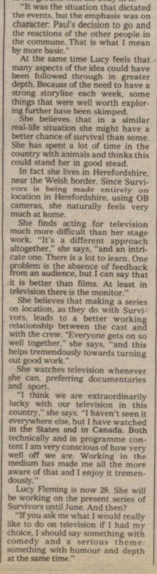 'Enjoying working in a changing television series'. Lucy Fleming interviewed in The Stage and Television Today (15th April 1976).