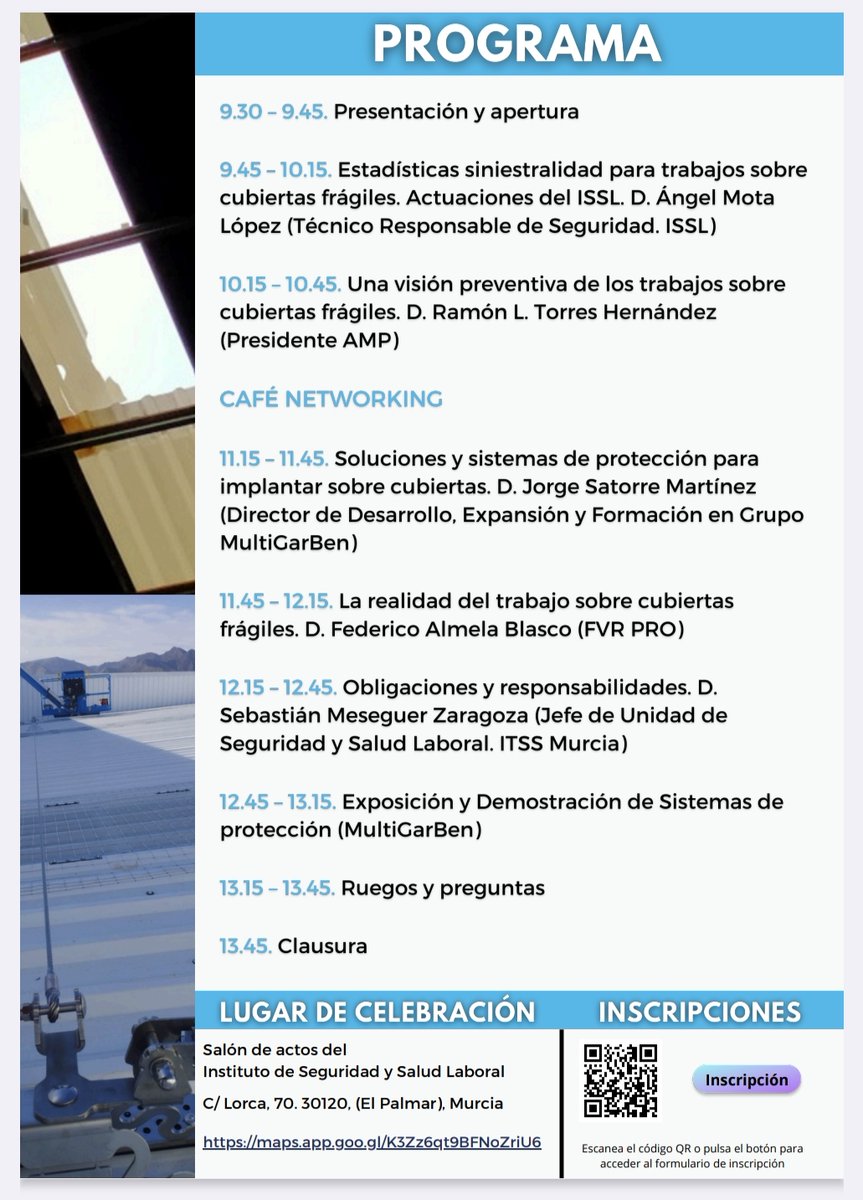 ✅𝗝𝗼𝗿𝗻𝗮𝗱𝗮 𝗧𝗲́𝗰𝗻𝗶𝗰𝗮 “𝗧𝗿𝗮𝗯𝗮𝗷𝗼𝘀 𝘀𝗼𝗯𝗿𝗲 𝗰𝘂𝗯𝗶𝗲𝗿𝘁𝗮𝘀 𝗳𝗿𝗮́𝗴𝗶𝗹𝗲𝘀”
📍Murcia, 30/04/25, 9:30 h⁣
⁣
Organizada por <a href="/AMPrev/">AMP - Prevencionistas Región de Murcia</a>  y el <a href="/ISSLMurcia/">ISSLMurcia</a>, y con colaboración de <a href="/MultiGarBen/">Grupo MultiGarBen</a> 
Salón de Actos del ISSL⁣
📝 Inscripción: docs.google.com/forms/d/e/1FAI…