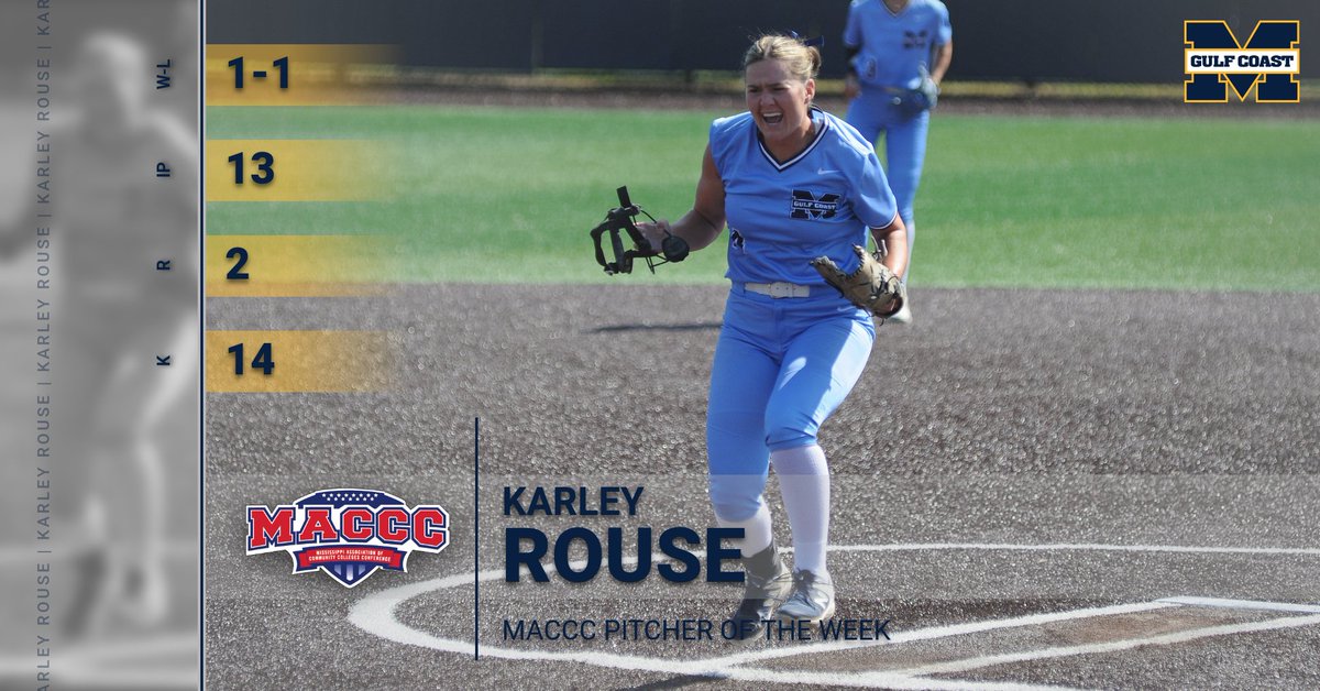 SOFTBALL | <a href="/MGCCCSoftball/">MGCCC Softball</a>'s Karley Rouse is the <a href="/MACCCAthletics/">Miss. Assoc. of Community Colleges Conference</a> Pitcher of the Week!