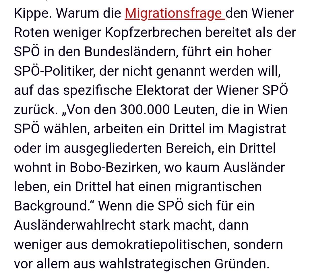 Die Wahlstrategie der #SPÖ in #Wien zusammengefasst von einem Genossen:

300.000 wählen SPÖ. Diese Wähler setzen sich so zusammen:

- 100.000 linke Bobos in den besseren Bezirken
- 100.000 Gemeindemitarbeiter
- 100.000 Ausländer

<a href="/kleinezeitung/">Kleine Zeitung</a>