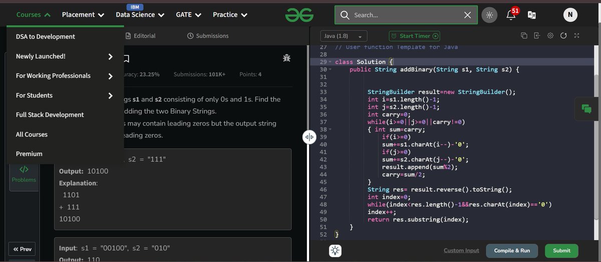 NishanthPatange's tweet image. Day 15 ✅ – #gfg160challenge  
Problem: Add Binary Strings 🧠💡
Simulated binary addition from right to left with carry — just like how we do it manually! 🧮
Clean, efficient &amp;amp; handles all edge cases 💪
#Java #160DaysOfCode #Coding #gfg160