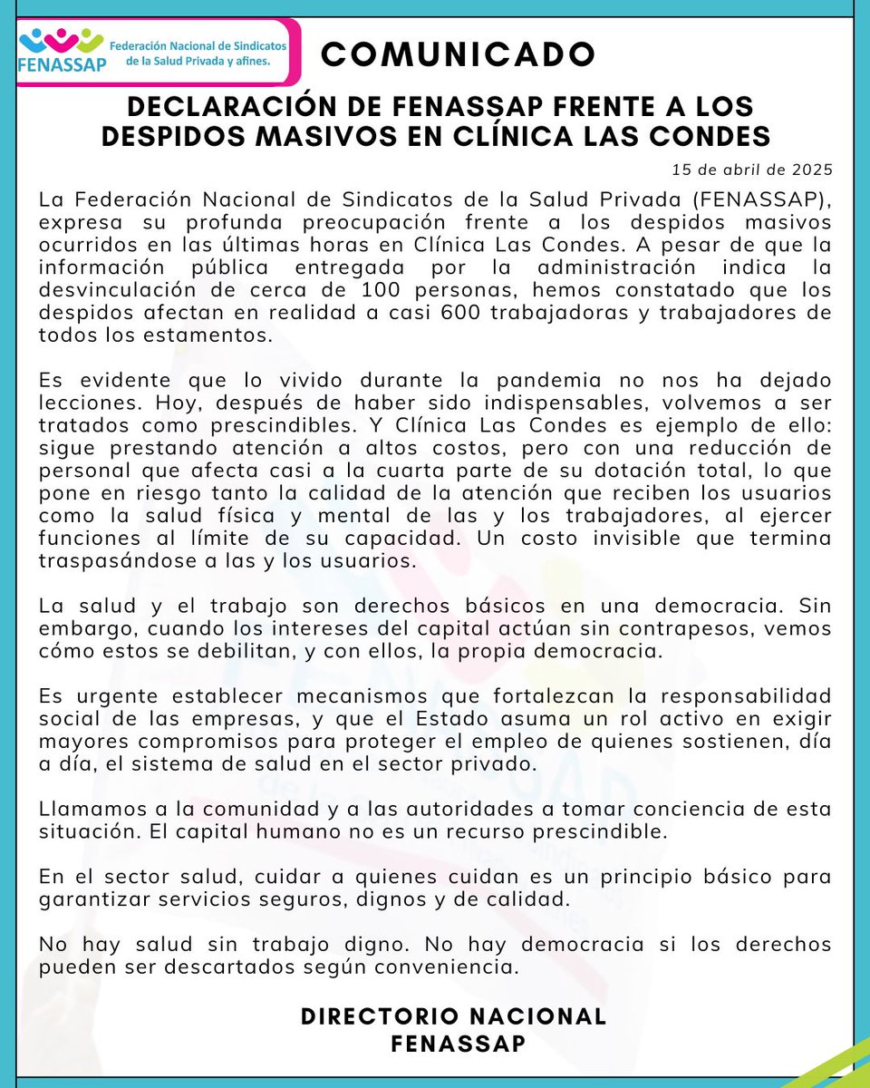 📍📣Compartimos comunicado "Declaración  en relación con los despidos masivos de Clínica Las Condes".
👉 Casi 600 trabajadorxs de todos los estamentos quedan sin su fuente de ingresos‼️ mientras la Clínica mantiene sus altos costos y continúa precarizando a trabajadorxs.