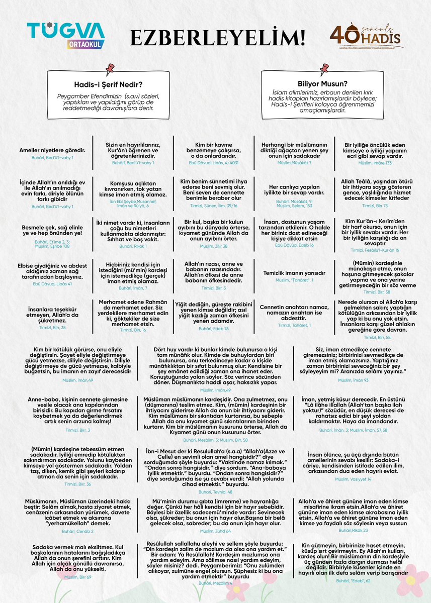 📚 Bir hadis seç.
🎨 Renklerine kat.
🖼️ Hikâyeni çiz veya kameraya al.
Ortaokullu genç kardeşim, sanat ile sünnet bir arada…
#Seninle40Hadis seni bekliyor!

Başvuru için 📲 l24.im/c83lo