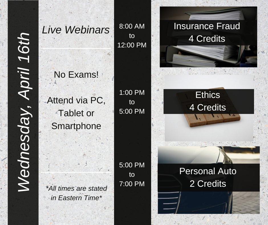 EITINS's tweet image. #InsuranceFraud, #Ethics, and #PersonalAuto are on our Live #Webinar schedule for Wednesday. Register now to join us and earn your #InsuranceCE with #NoExam and #NoTravel - #EasyCE!

Click the link and select your state to register: etrainingschool.com/clientsite/Cla…