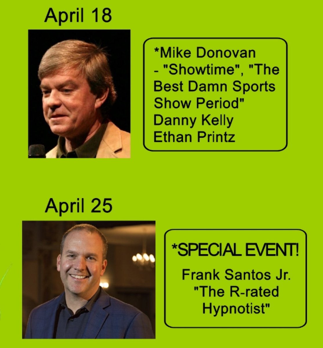 Friday at 8:00 PM one of Kowloon’s favorites Mike Donovan is back on stage telling jokes with Danny Kelly and Ethan Printz.  
Call 781-233-0077 for tickets or order online at kowloonrestaurant.com
<a href="/KowloonSaugus/">Kowloon Restaurant (Only official account on X)</a> 
On deck is Frank Santos Jr. the R-Rated Hypnotist