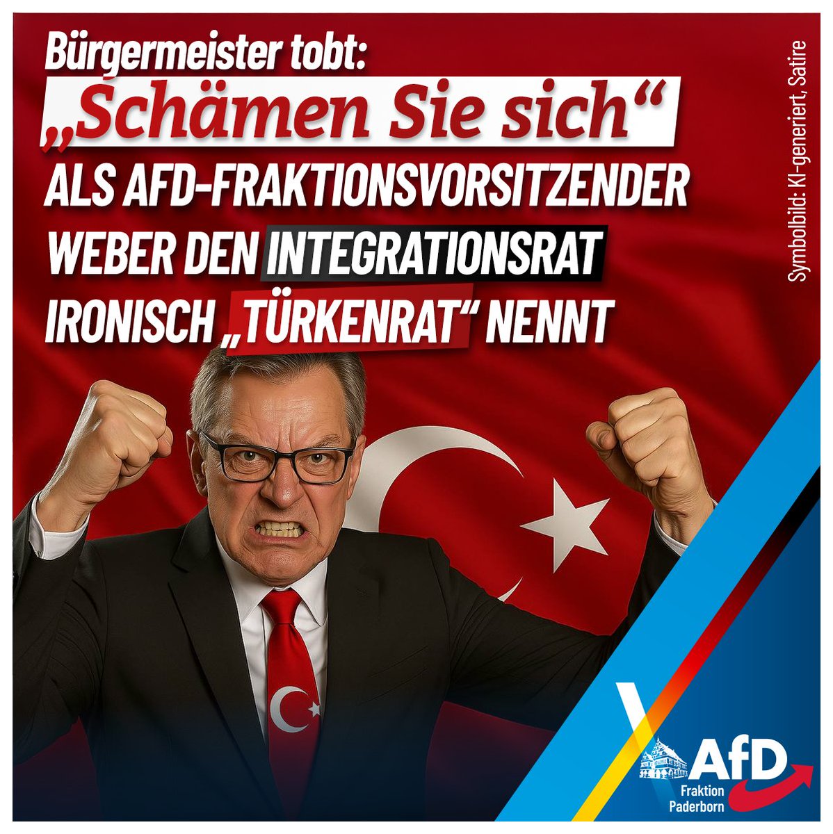 AfD Kreisverband Paderborn (@afdkvpb) on Twitter photo „Schämen Sie sich!" Bürgermeister Dreier (CDU) wiederholte sich gleich 3 mal, nachdem unser AfD-Ratsfraktionsvorsitzenden <a href="/Weber_AfD/">Marvin Weber</a> mit „Türkenrat“ einen ironischen Zwischenruf für den sogenannten „Integrationsrat“ setzte. Weiter: afd-fraktion-paderborn.de/2025/04/eklat-…
#Türkenrat „Schämen Sie sich!" Bürgermeister Dreier (CDU) wiederholte sich gleich 3 mal, nachdem unser AfD-Ratsfraktionsvorsitzenden <a href="/Weber_AfD/">Marvin Weber</a> mit „Türkenrat“ einen ironischen Zwischenruf für den sogenannten „Integrationsrat“ setzte. Weiter: afd-fraktion-paderborn.de/2025/04/eklat-…
#Türkenrat