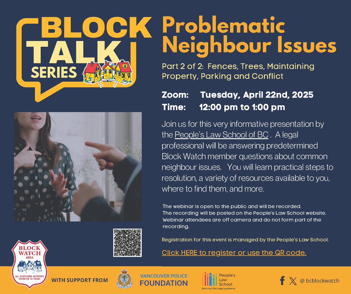 Got neighbour troubles? You're not alone. Join the Block Talk Series for an informative webinar on problematic neighbour issues.

Staff from People’s Law School of BC will answer questions, share practical steps to resolution and offer resources to help you handle issues around: