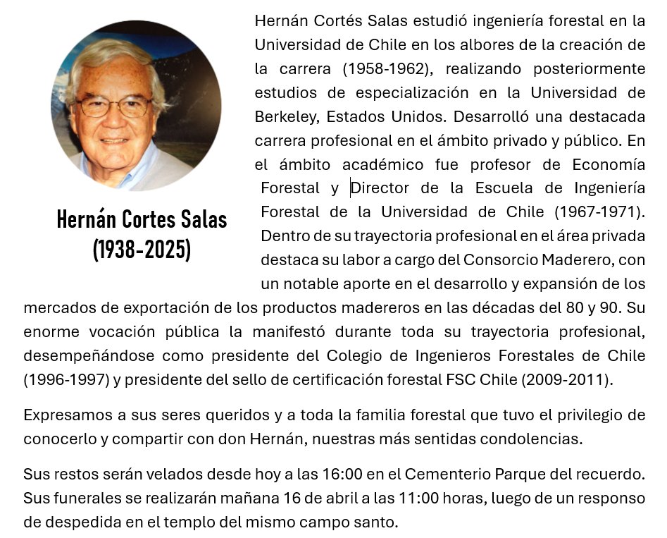 Lamentamos informar el fallecimiento de don Hernán Cortés Salas, destacado ingeniero forestal y ex presidente de nuestro colegio. Nuestras condolencias a sus seres queridos y a la familia forestal.