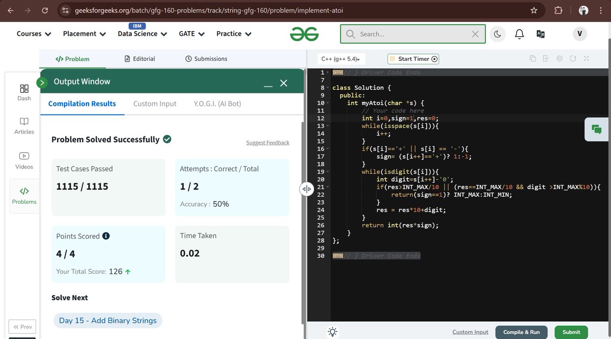 Vivek_code01's tweet photo. Day 14/160 ✅ | Solved Implement Atoi on @geeksforgeeks today! 🔢➡️🧵
Handled signs, digits &amp; edge cases like a boss 💪
String to int never felt so real!
#gfg160 #geekstreak2025 https://t.co/Nlg5jiyBW5