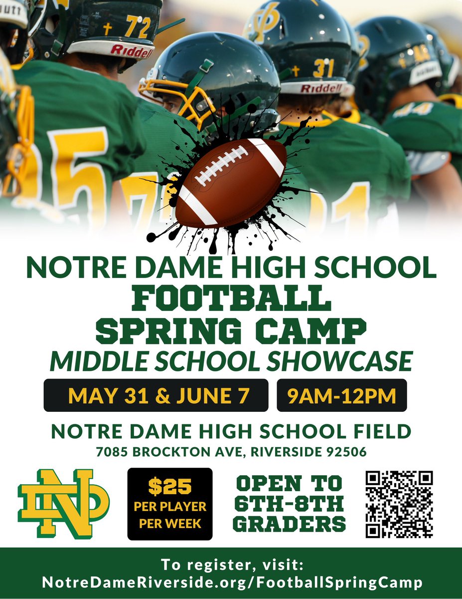Another round of our Middle School Showcases! 

🔰May 31st🔰
🔰June 7th🔰

Cost: $25
(Shirt will be provided)

What to bring: Cleats, Football (QBs), Water. 

Water will be provided but feel free to bring your own! 

Hit the QR code to pre-register! Walk-ups are welcome!
Will be