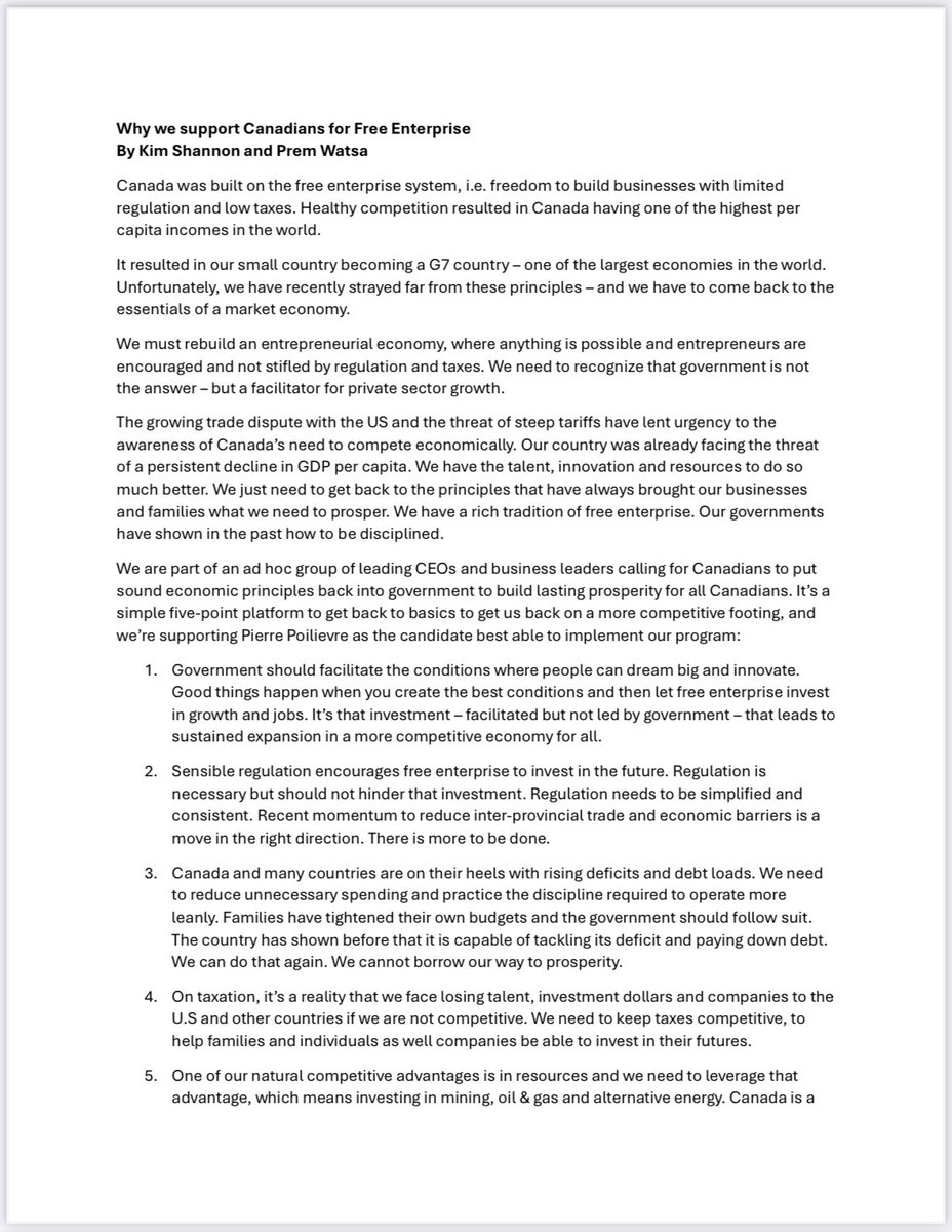 BenMulroney's tweet image. The group Canadians for Free Enterprise have decided to release a series of statements in the next few days on why they are endorsing @PierrePoilievre for Prime Minister. They’ve asked me to share them. In this first piece, Kim Shannon and Prem Watsa share their views.