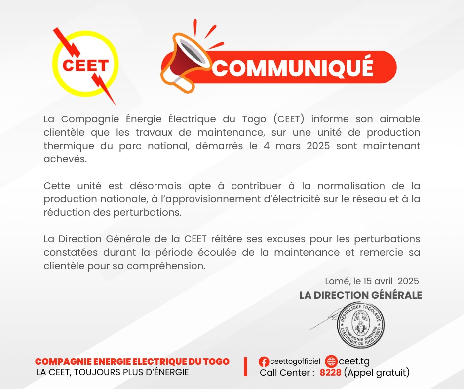 CeetTogOfficiel's tweet photo. 📷 FIN DES TRAVAUX DE MAINTENANCE 📷
La CEET informe son aimable clientèle que les travaux de maintenance sur l’unité de production thermique du parc national, entamés le 4 mars 2025, sont désormais terminés 📷

1.

#CEET #ÉnergieTogo #ToujoursPlusDEnergie https://t.co/Omebzy9RWY