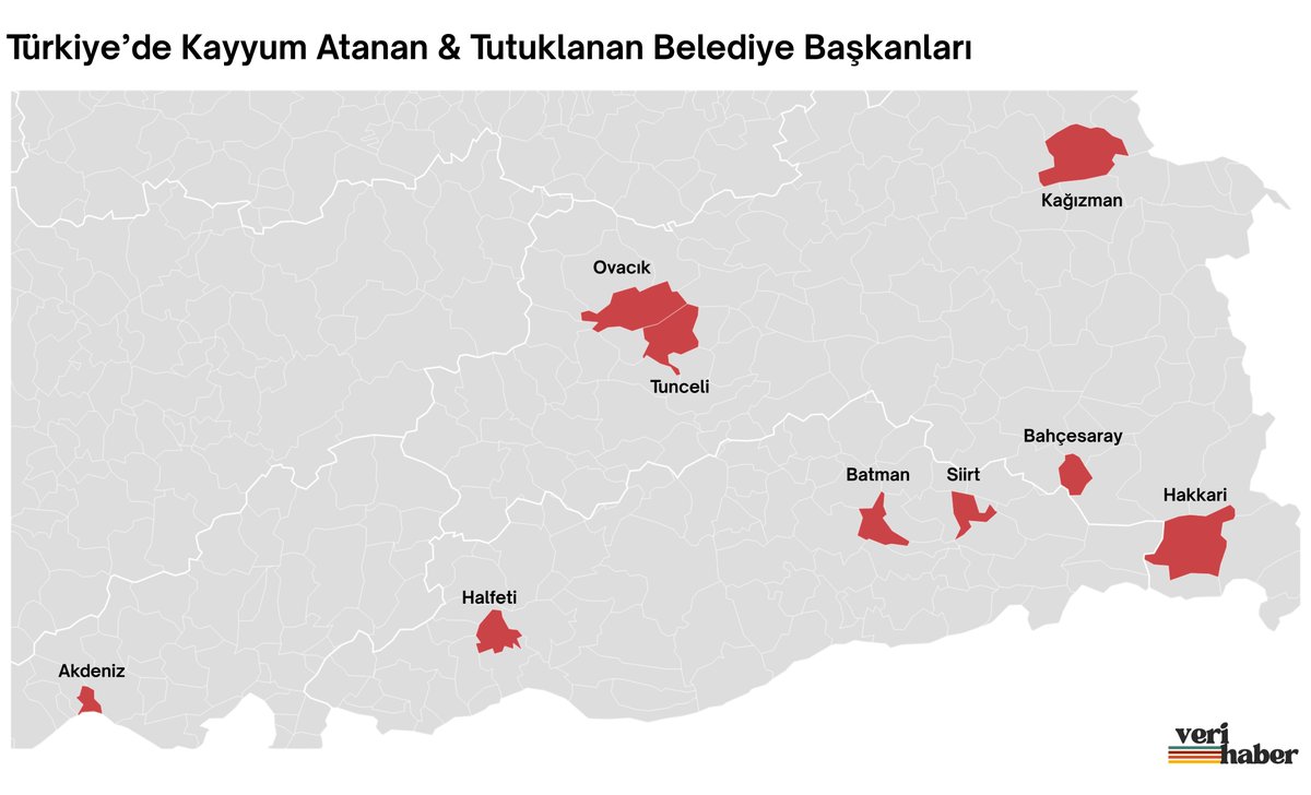 VeriHaber's tweet photo. Türkiye'de Tutuklanan veya Yerine Kayyum Atanan Belediye Başkanları