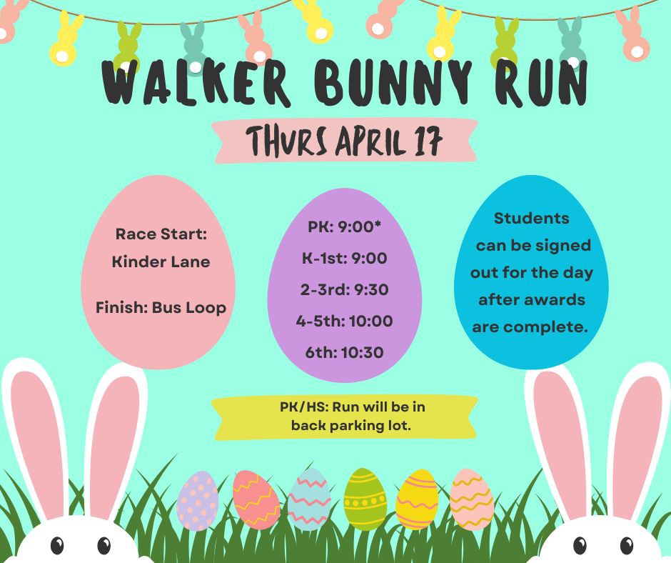 CISDWalker's tweet image. We will be having our Spring Fun Run this Thursday, April 17th! Students may be signed out after their run with no attendance penalty. In the flyer below are the times each grade&apos;s run will start, and as a reminder we do not have school Friday, April 18th. #WEbeforeME #WalkerWay