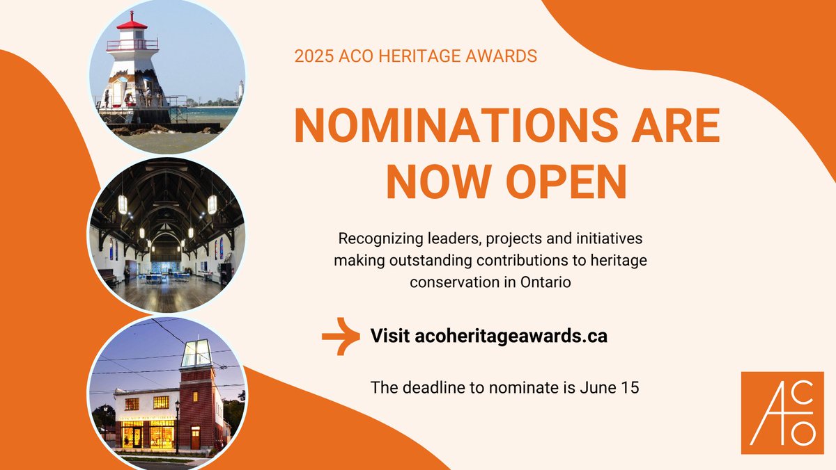 Nominations for the 2025 ACO Heritage Awards are now open! Help us honour the people, projects and initiatives making outstanding contributions to heritage conservation across Ontario.

The deadline to nominate is Sunday, June 15.

More info: acoheritageawards.ca