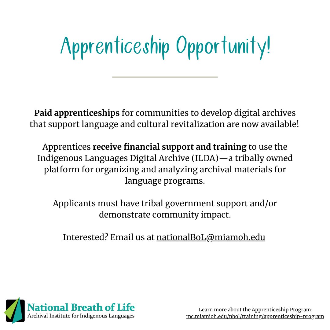 Apprenticeship Opportunity!
We're offering paid apprenticeships for communities to develop digital archives that support language and cultural revitalization!
Learn more about the Apprenticeship Program: mc.miamioh.edu/nbol/training/…