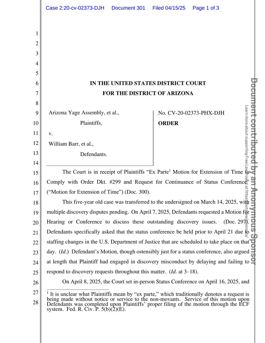 psy_cases's tweet image. New filing: &quot;Arizona Yage Assembly v. A.G. (Religious freedom - sacrament seizure)&quot;
Doc #301: Order on Motion for Extension of Time to File Document AND Order on Motion for Hearing

PDF: courtlistener.com/docket/1872389…

#CL18723894