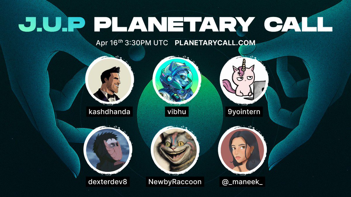 Jupiter (π±, π) (@jupiterexchange) on Twitter photo The Planetary Call is coming to you live, April 16 at 3:30pm UTC (today/tomorrow). This week:
π¦ JupiterZ (<a href="/NewbyRaccoon/">John Newby</a> and <a href="/dexterdev8/">dexterdev8</a>)
β
Token Verification (<a href="/9yointern/">mei</a>)
π« DAO Corner (<a href="/kashdhanda/">Kash (π±, π)</a>)
πΌ Catdet Corner (<a href="/_maneek_/">Maneek</a>)
Co-hosts: <a href="/kashdhanda/">Kash (π±, π)</a> & <a href="/vibhu/">vibhu</a> The Planetary Call is coming to you live, April 16 at 3:30pm UTC (today/tomorrow). This week:
π¦ JupiterZ (<a href="/NewbyRaccoon/">John Newby</a> and <a href="/dexterdev8/">dexterdev8</a>)
β
Token Verification (<a href="/9yointern/">mei</a>)
π« DAO Corner (<a href="/kashdhanda/">Kash (π±, π)</a>)
πΌ Catdet Corner (<a href="/_maneek_/">Maneek</a>)
Co-hosts: <a href="/kashdhanda/">Kash (π±, π)</a> & <a href="/vibhu/">vibhu</a>