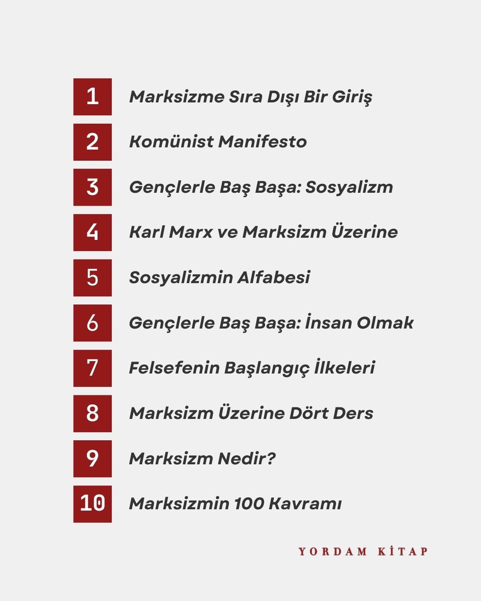 Bize sık sık soruyorsunuz: Marksizme nereden başlayayım? Okuma listeniz var mı?
Yordam Kitap olarak, yayımladığımız onlarca eser Marksizme giriş niteliğinde. Elbette çeşit çeşit öneriler sunulabilir. Ancak sizler için, Marksizmle ilk kez tanışanlara özel 10 kitaplık bir seçki
