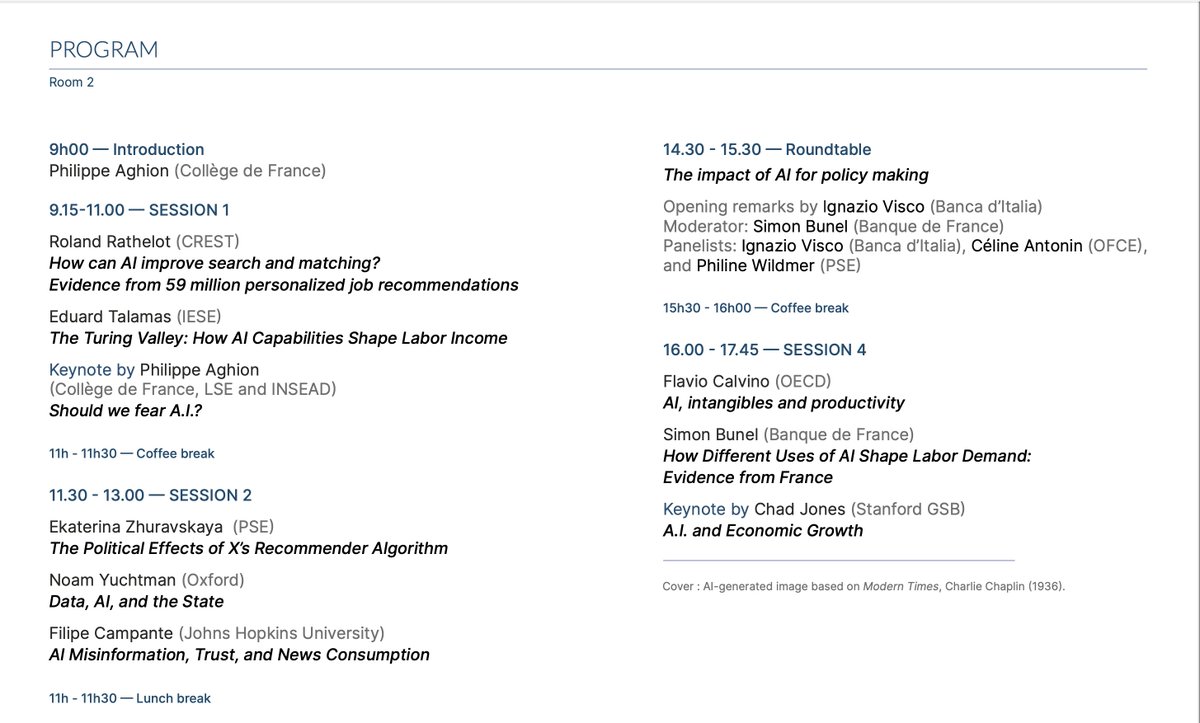 Antonin Bergeaud (@a_bergeaud) on Twitter photo A new workshop on the economic of AI organized at <a href="/cdf1530/">Collège de France</a> on June 10th. Featuring keynote by Philippe Aghion and <a href="/ChadJonesEcon/">Chad Jones</a> (remotely) and a set of wonderful speakers (program below). Entry is free and without registration. More information sites.google.com/view/rceaworld… A new workshop on the economic of AI organized at <a href="/cdf1530/">Collège de France</a> on June 10th. Featuring keynote by Philippe Aghion and <a href="/ChadJonesEcon/">Chad Jones</a> (remotely) and a set of wonderful speakers (program below). Entry is free and without registration. More information sites.google.com/view/rceaworld…