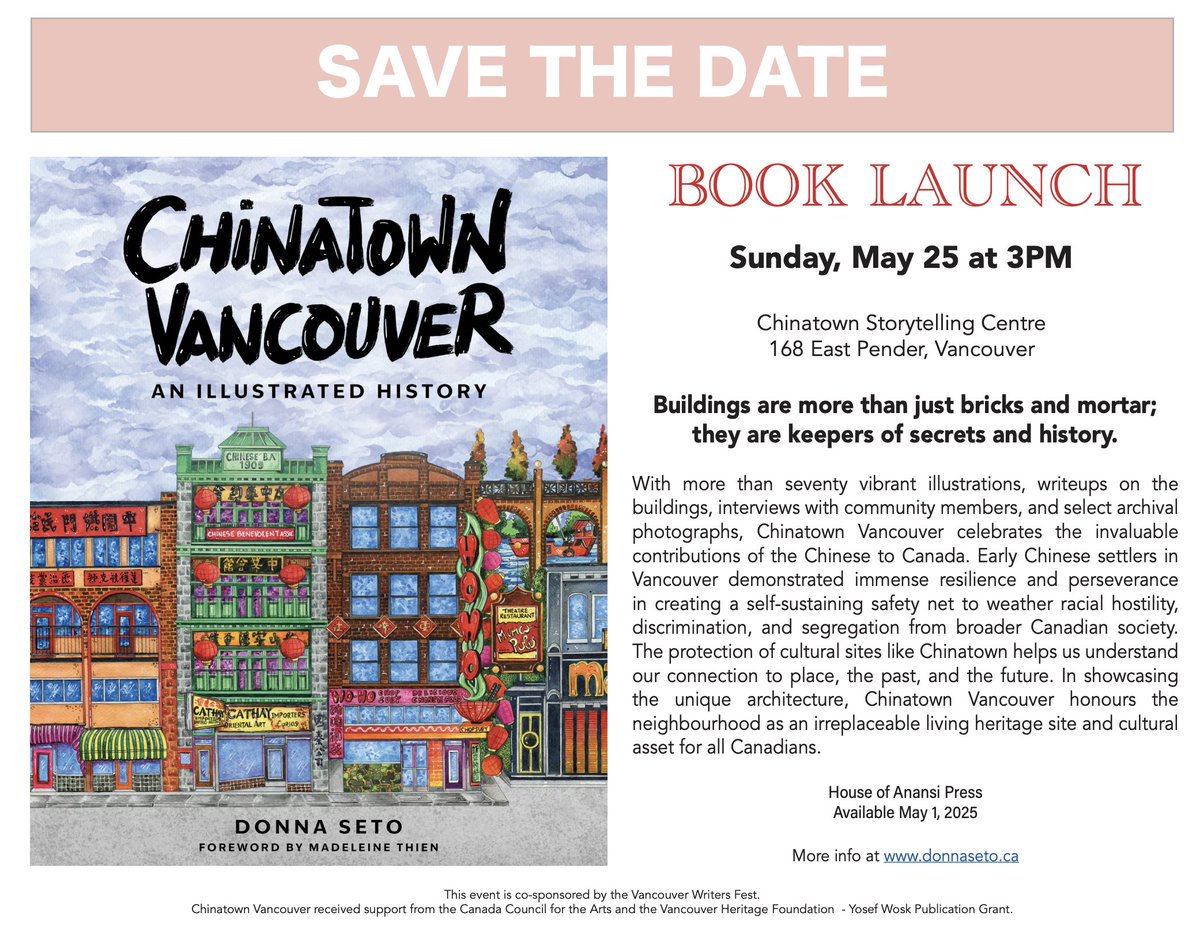 Asian Canadian Writers' Workshop (ACWW) (@acww) on Twitter photo Donna Seto's <a href="/donnaseto/">Donna Seto</a> Book Launch: Chinatown Vancouver: An Illustrated History Sunday, May 25, 3pm asiancanadianwriters.ca/2025/04/book-l… #asiancanadian Donna Seto's <a href="/donnaseto/">Donna Seto</a> Book Launch: Chinatown Vancouver: An Illustrated History Sunday, May 25, 3pm asiancanadianwriters.ca/2025/04/book-l… #asiancanadian
