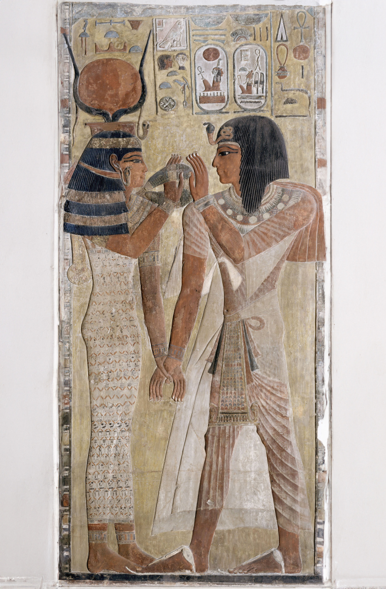 The goddess Hathor welcoming king Seti I to the afterlife with a protective menat necklace, c. 1294-1279 B.C.

This relief was taken from Seti I's tomb in the Valley of the Kings, by Champollion. However, this may not have been a simple act of "treasure hunting", but perhaps an