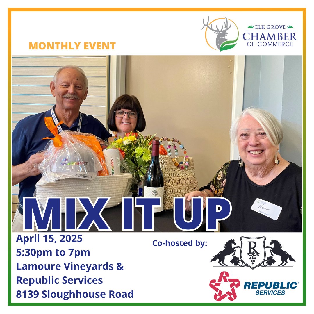 ElkGroveChamber's tweet image. ✨TONIGHT✨ Mix &amp;amp; Mingle at our FREE After-Hourse Business Mixer co-hosted by @LamoureVineyards and @republicservices!

Chamber Members - bring a door prize to further promote your business!

#egchamber #businessmixer #networking #connections